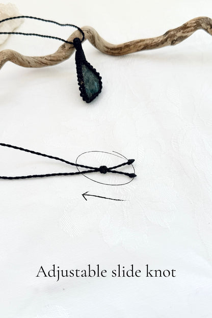 Handmade Apatite macramé necklace with adjustable slide knot, versatile necklace sizing