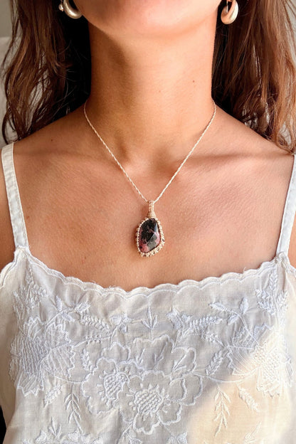 Model wearing a handmade Rhodonite macramé necklace, delicate everyday jewelry