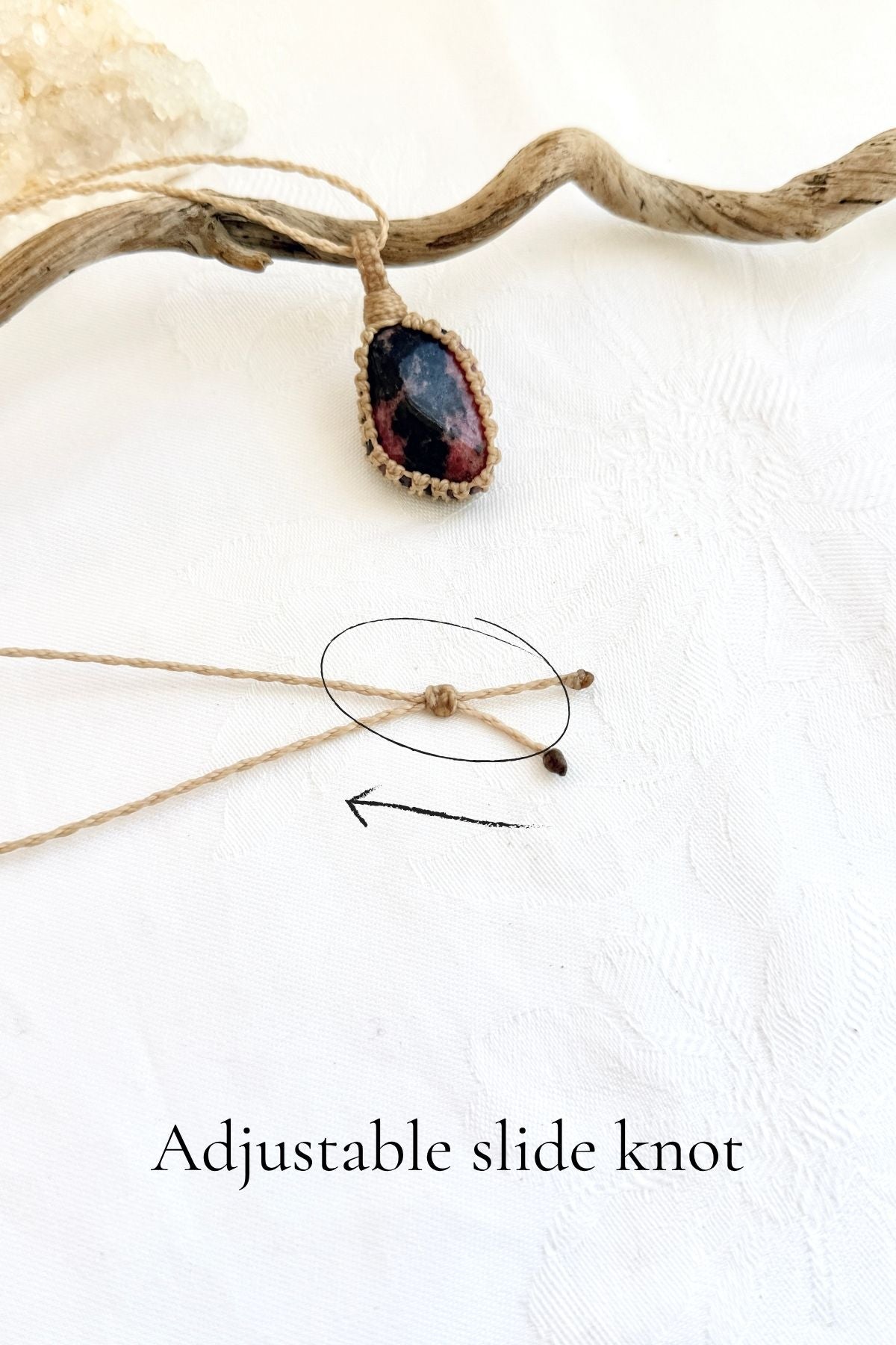 Handmade Rhodonite macramé necklace with adjustable slide knot, versatile necklace sizing