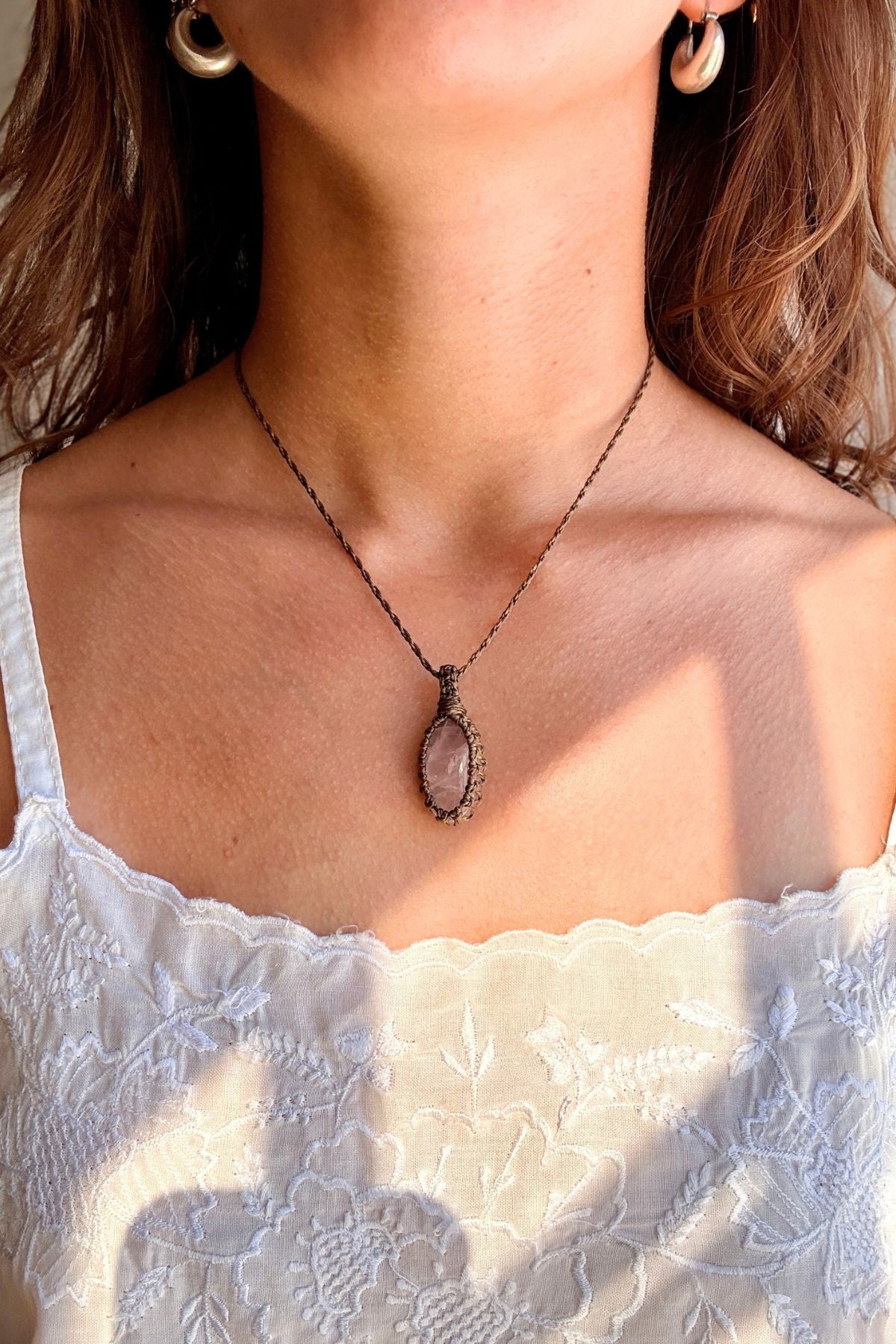 Model wearing a handmade Rose Quartz macramé necklace, delicate everyday jewelry