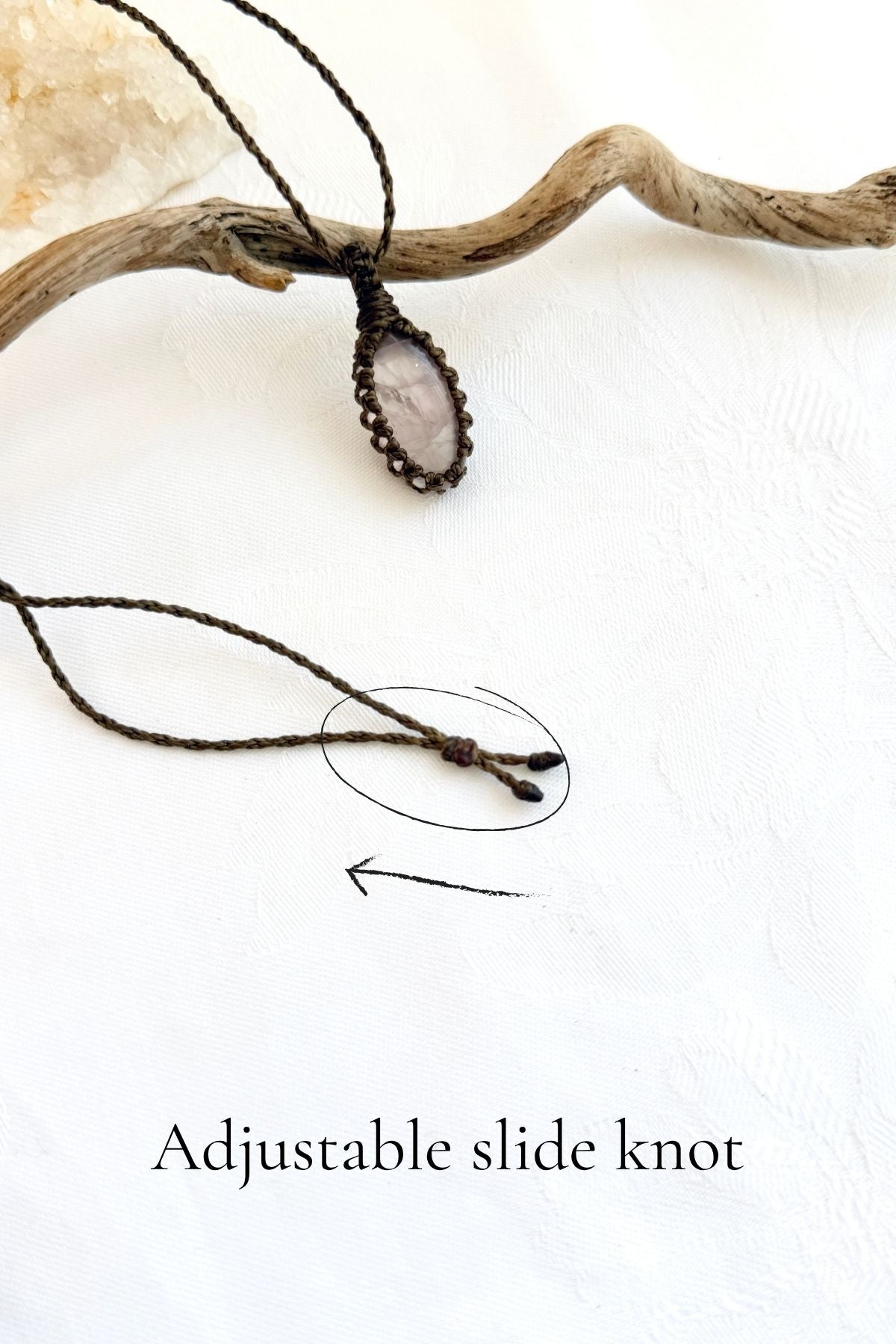 Handmade Rose Quartz macramé necklace with adjustable slide knot, versatile necklace sizing