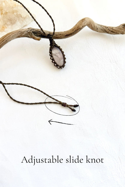 Handmade Rose Quartz macramé necklace with adjustable slide knot, versatile necklace sizing