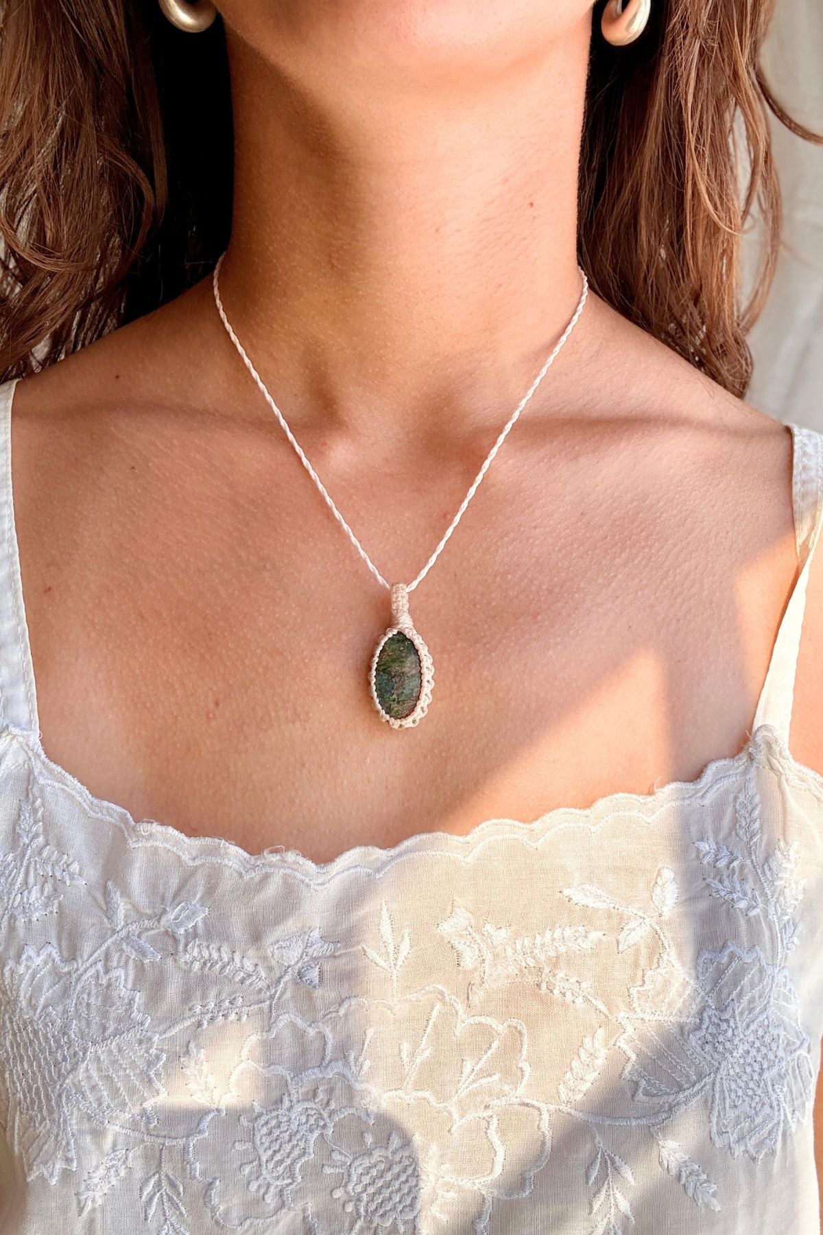Model wearing a handmade Ruby Fuchsite macramé necklace, delicate everyday jewelry