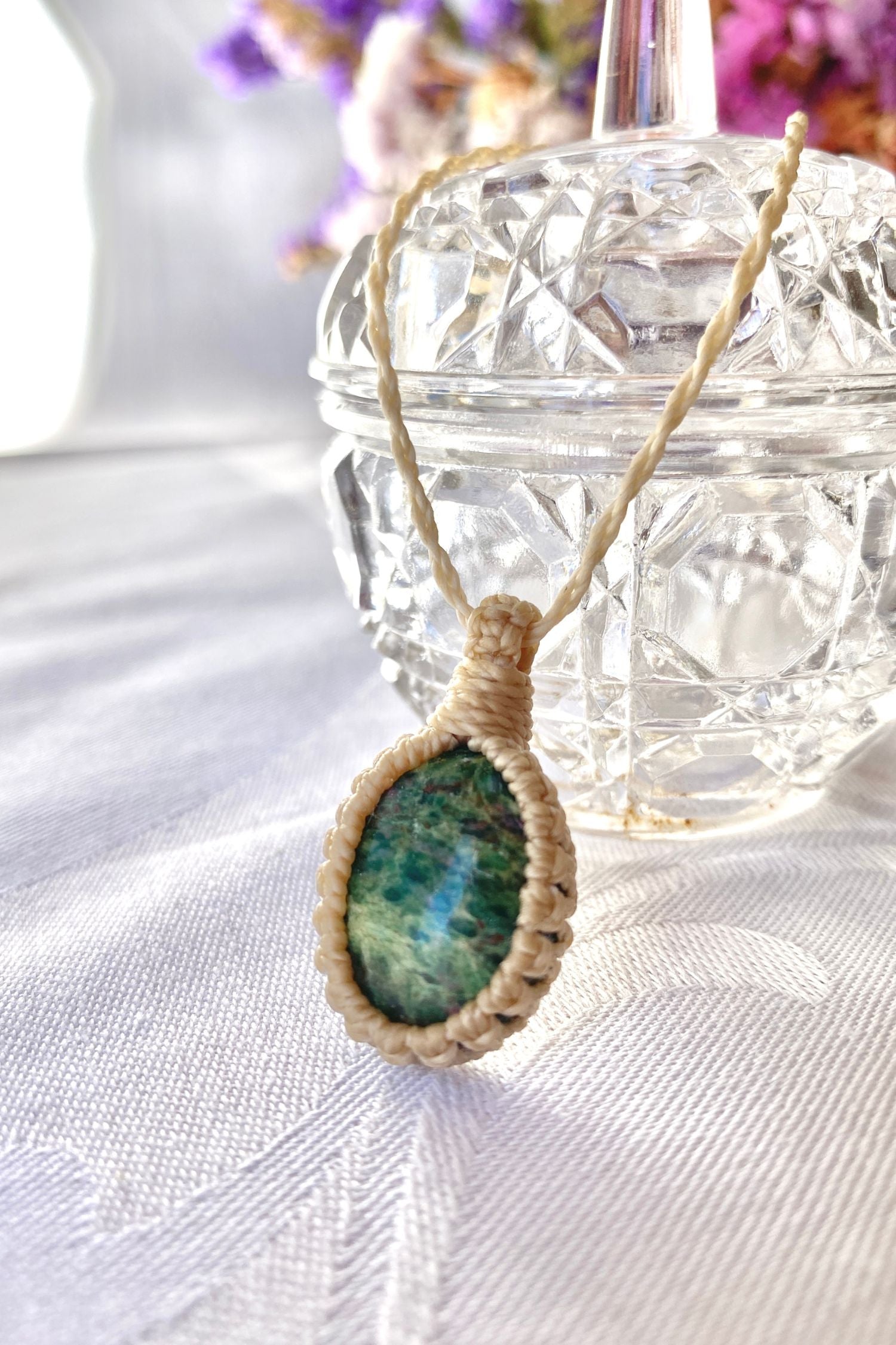 Handmade Ruby Fuchsite Macrame necklace featuring a high-quality natural gemstone, side view showcasing its delicate everyday-wear design from the Essence collection.