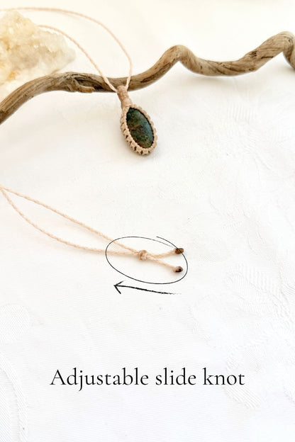 Handmade Ruby Fuchsite macramé necklace with adjustable slide knot, versatile necklace sizing