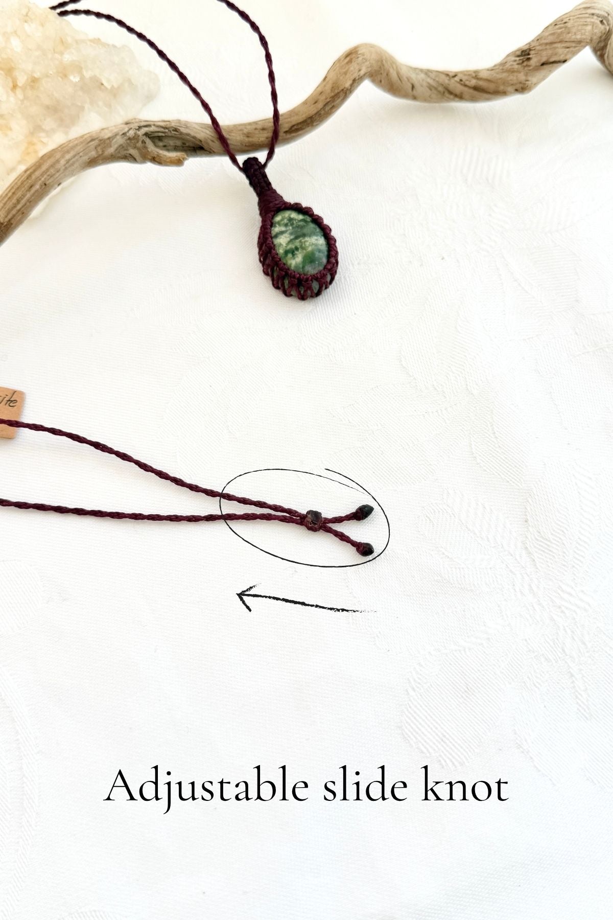 Handmade Ruby Fuchsite macramé necklace with adjustable slide knot, versatile necklace sizing