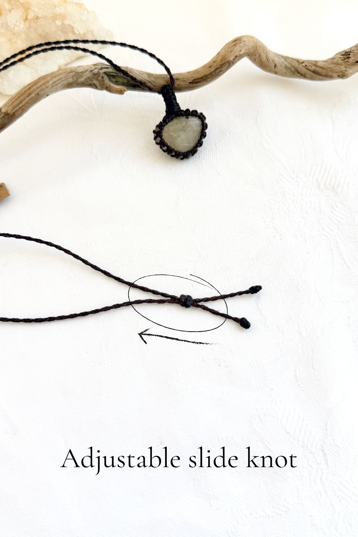 Handmade Rutilated Quartz macramé necklace with adjustable slide knot, versatile necklace sizing
