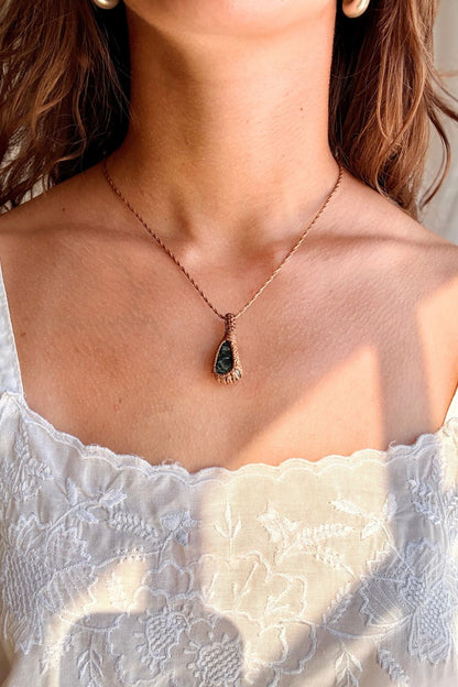 Model wearing a handmade Seraphinite macramé necklace, delicate everyday jewelry