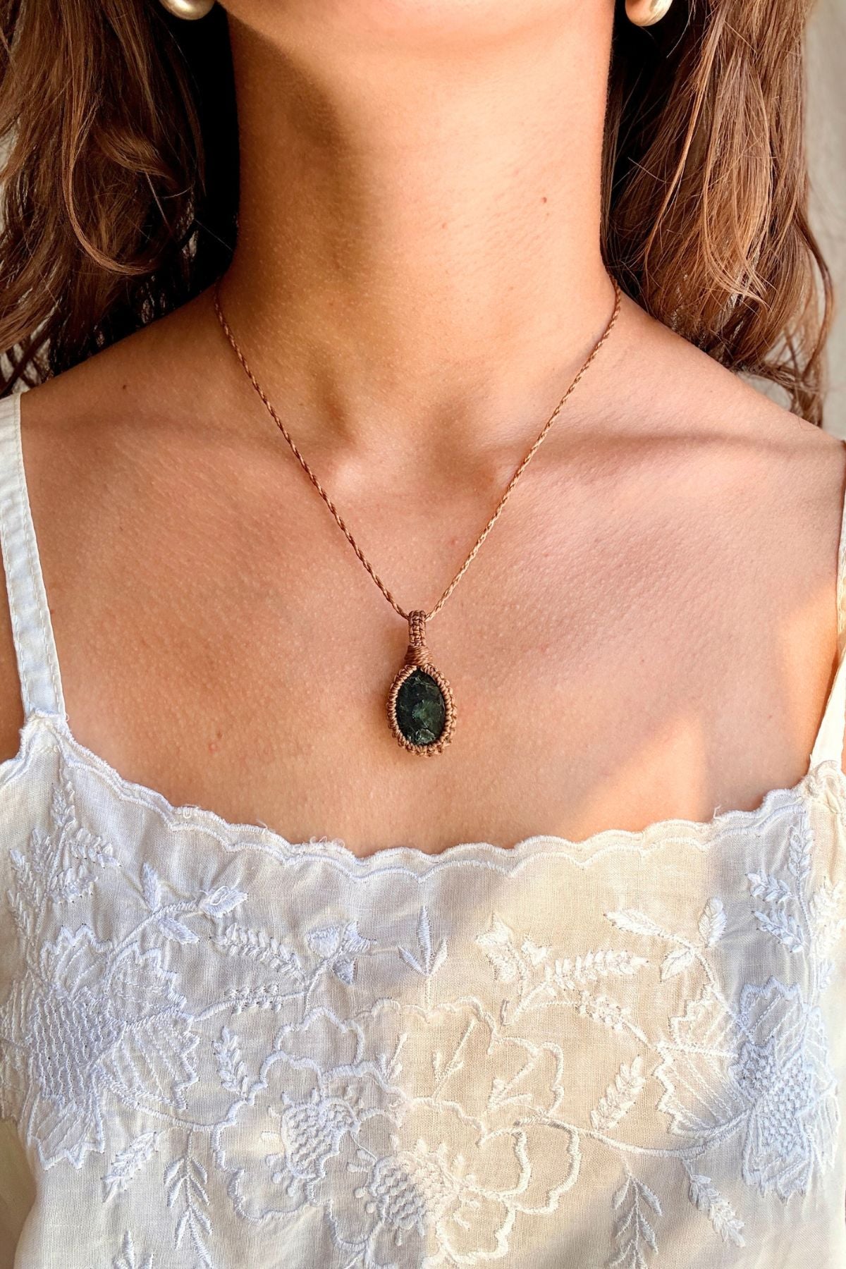 Model wearing a handmade Seraphinite macramé necklace, delicate everyday jewelry