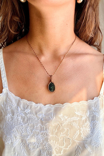 Model wearing a handmade Seraphinite macramé necklace, delicate everyday jewelry