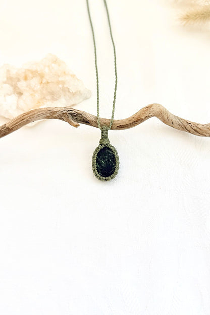 Handmade Seraphinite macramé necklace, front view of natural gemstone pendant