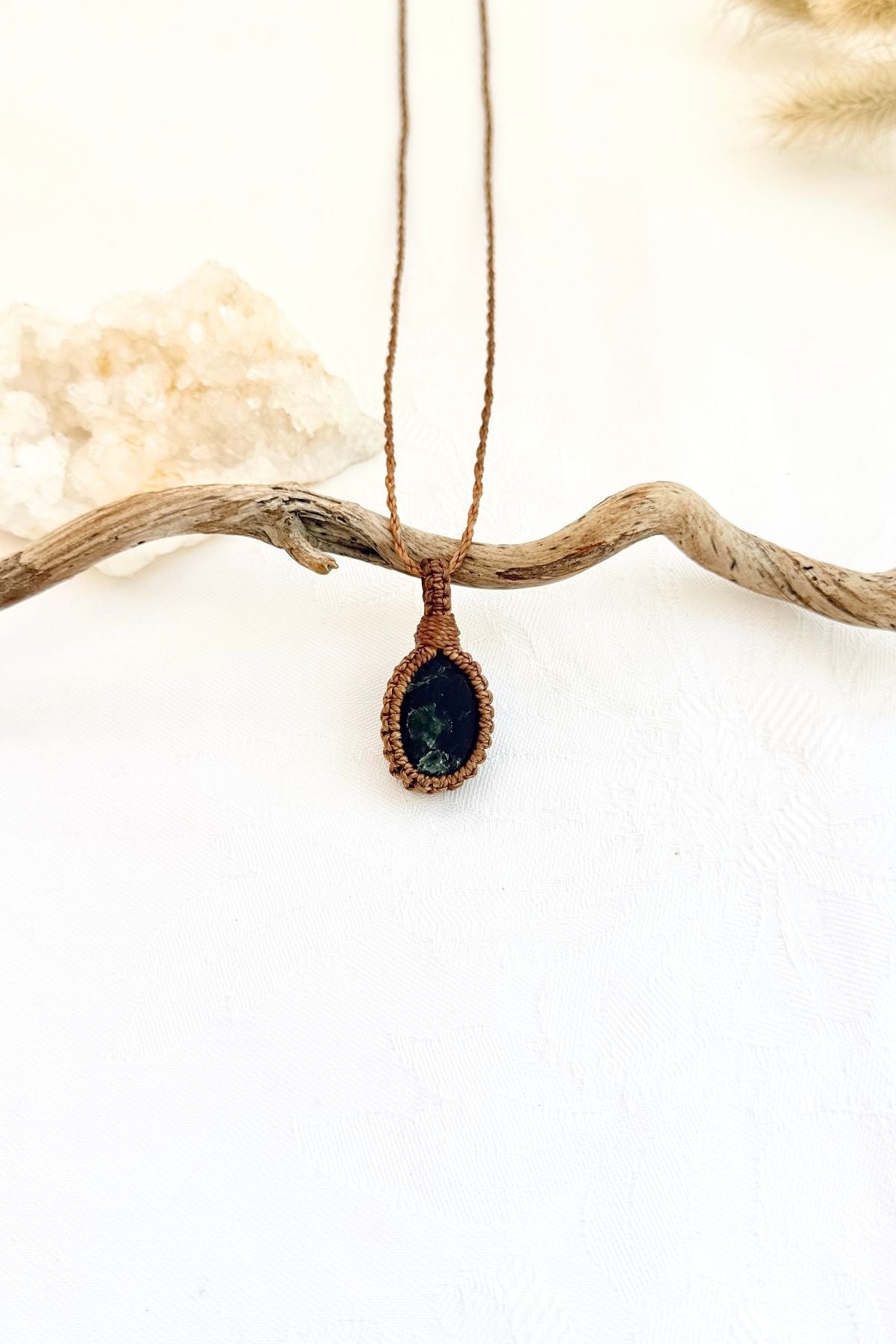Handmade Seraphinite macramé necklace, front view of natural gemstone pendant