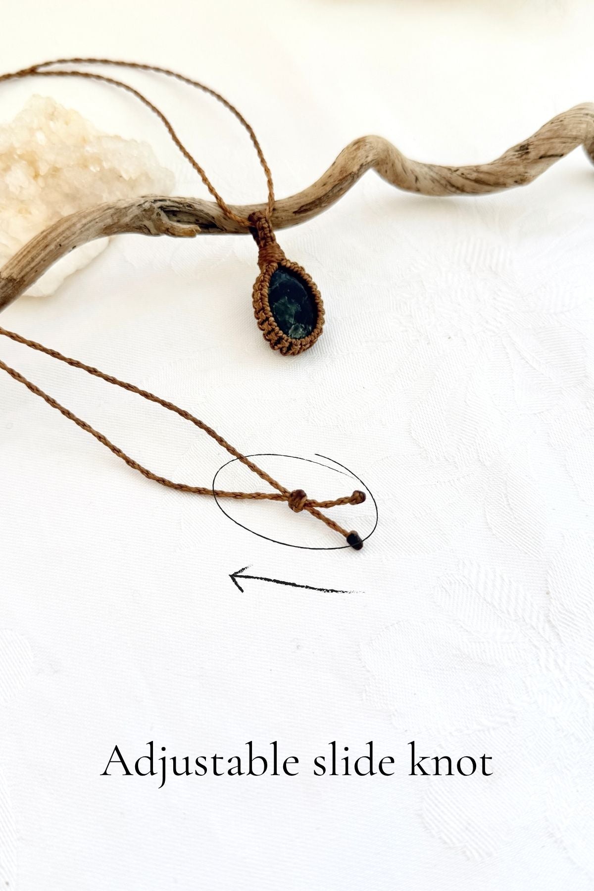 Handmade Seraphinite macramé necklace with adjustable slide knot, versatile necklace sizing