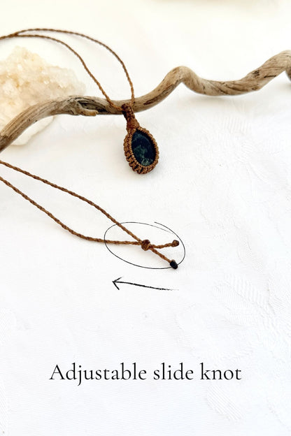 Handmade Seraphinite macramé necklace with adjustable slide knot, versatile necklace sizing