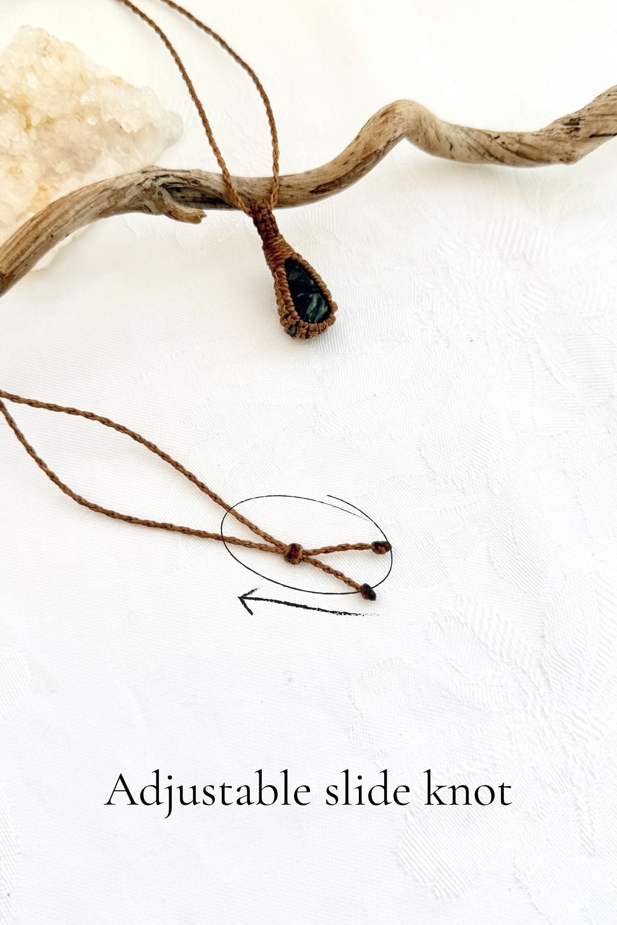 Handmade Seraphinite macramé necklace with adjustable slide knot, versatile necklace sizing