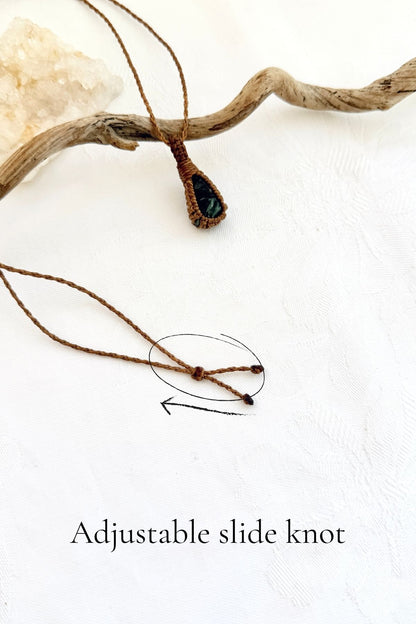 Handmade Seraphinite macramé necklace with adjustable slide knot, versatile necklace sizing