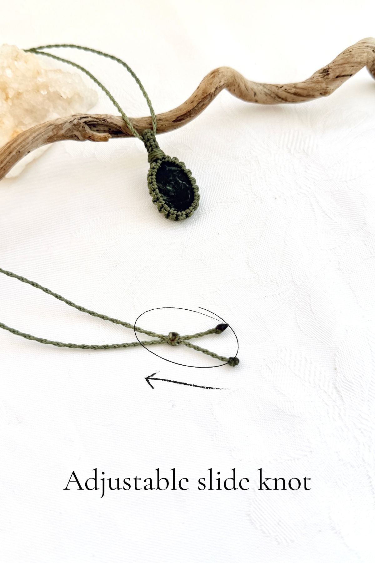 Handmade Seraphinite macramé necklace with adjustable slide knot, versatile necklace sizing