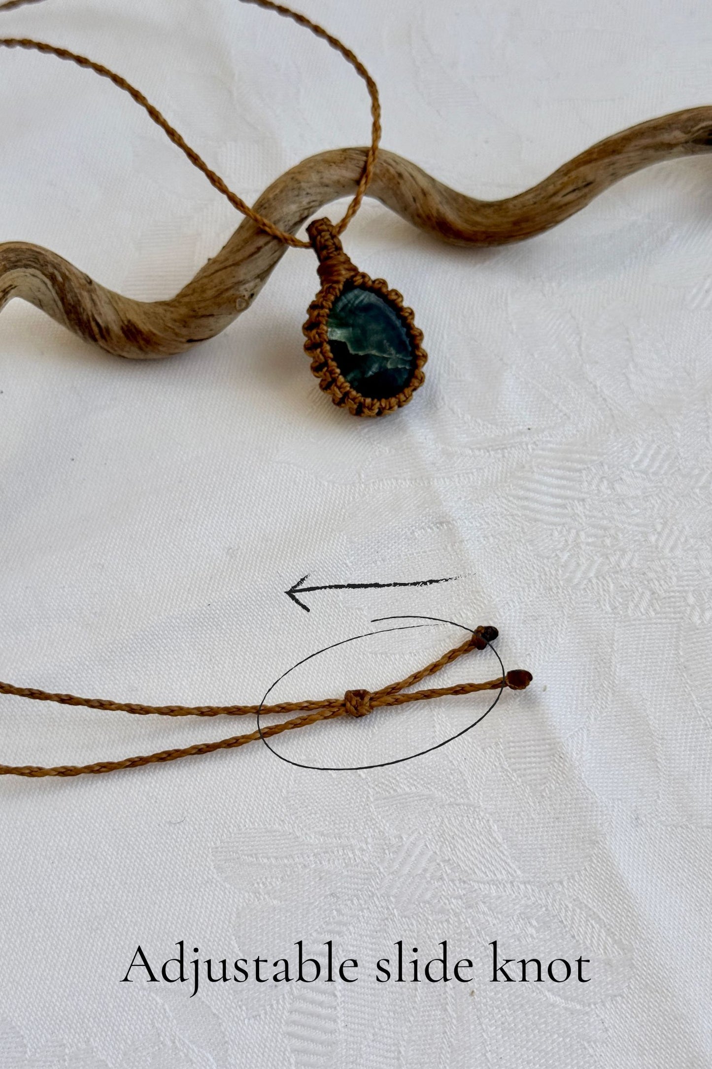 Close-up of the adjustable sliding knot on the Seraphinite Macrame necklace, allowing for an easy and customizable fit for any wearer.