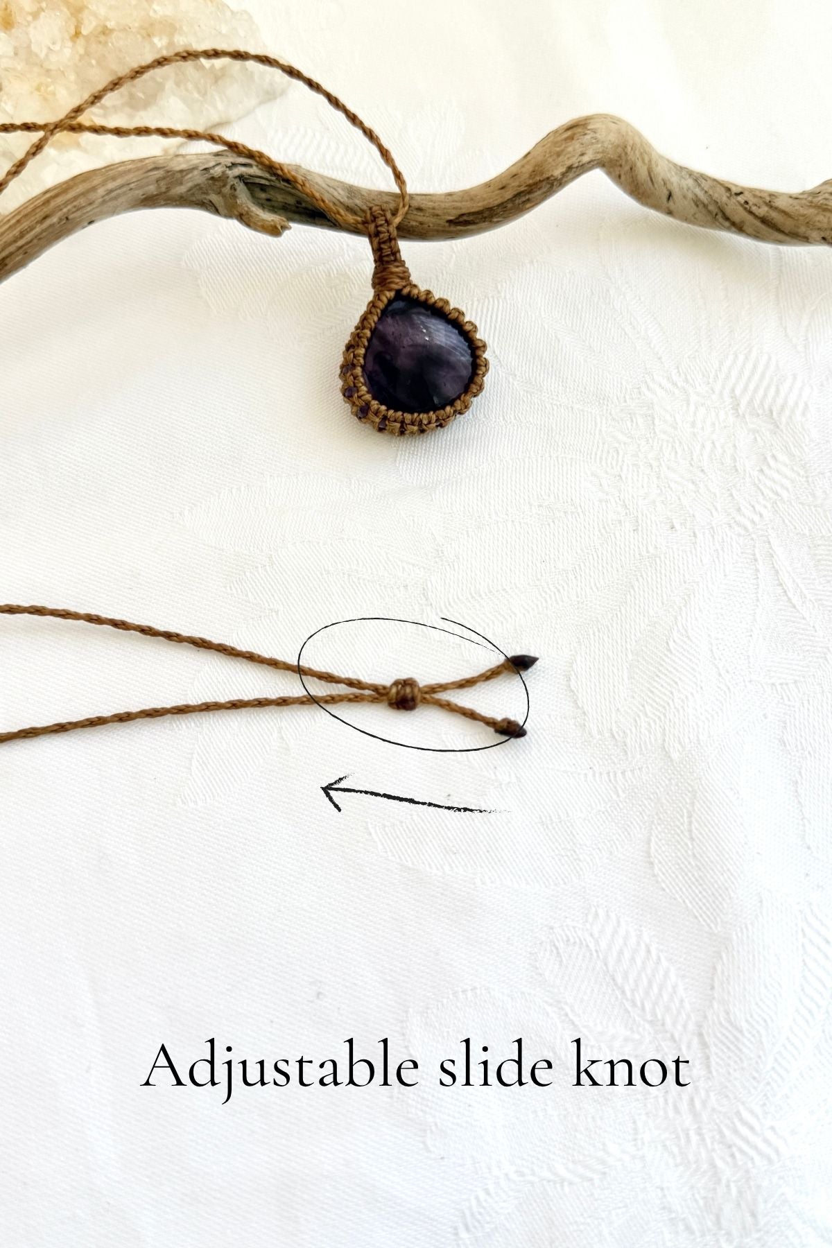 Handmade Star Amethyst macramé necklace with adjustable slide knot, versatile necklace sizing