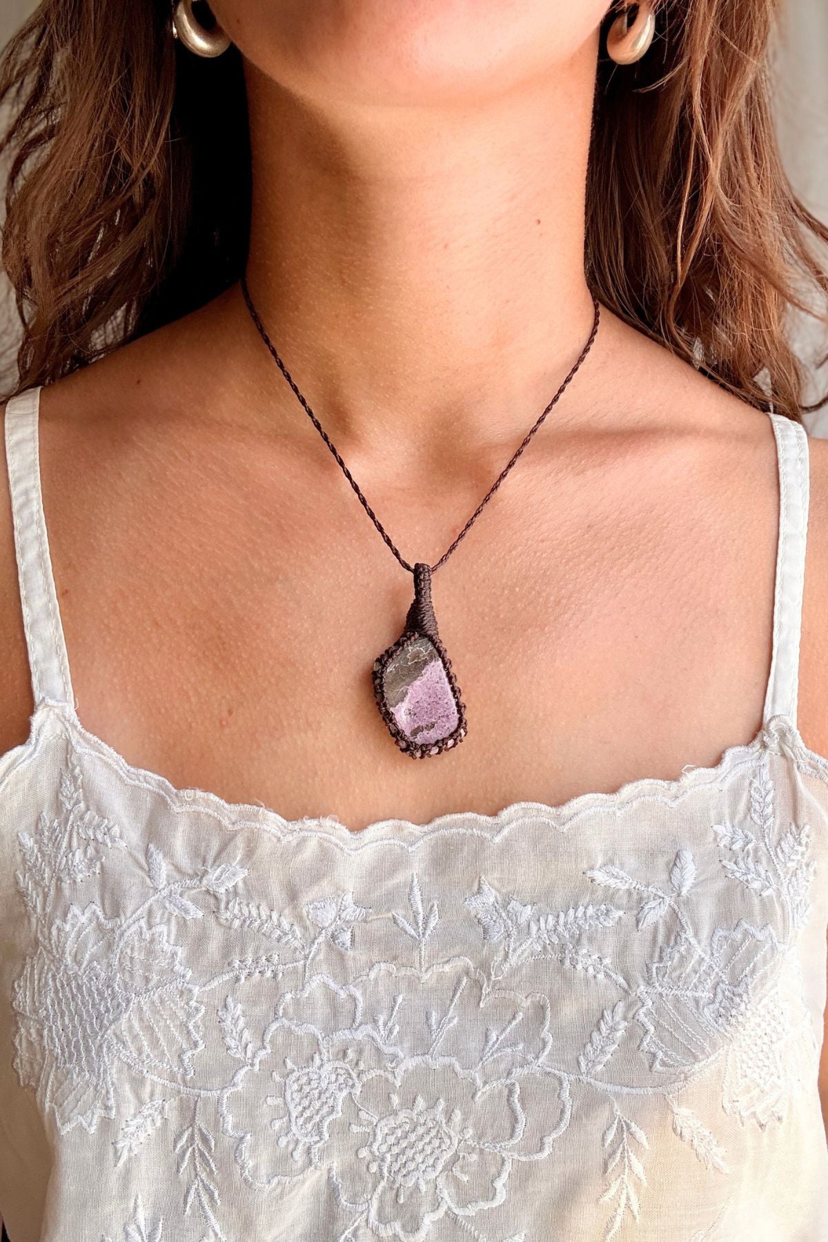 Model wearing a handmade Stichtite macramé necklace, delicate everyday jewelry