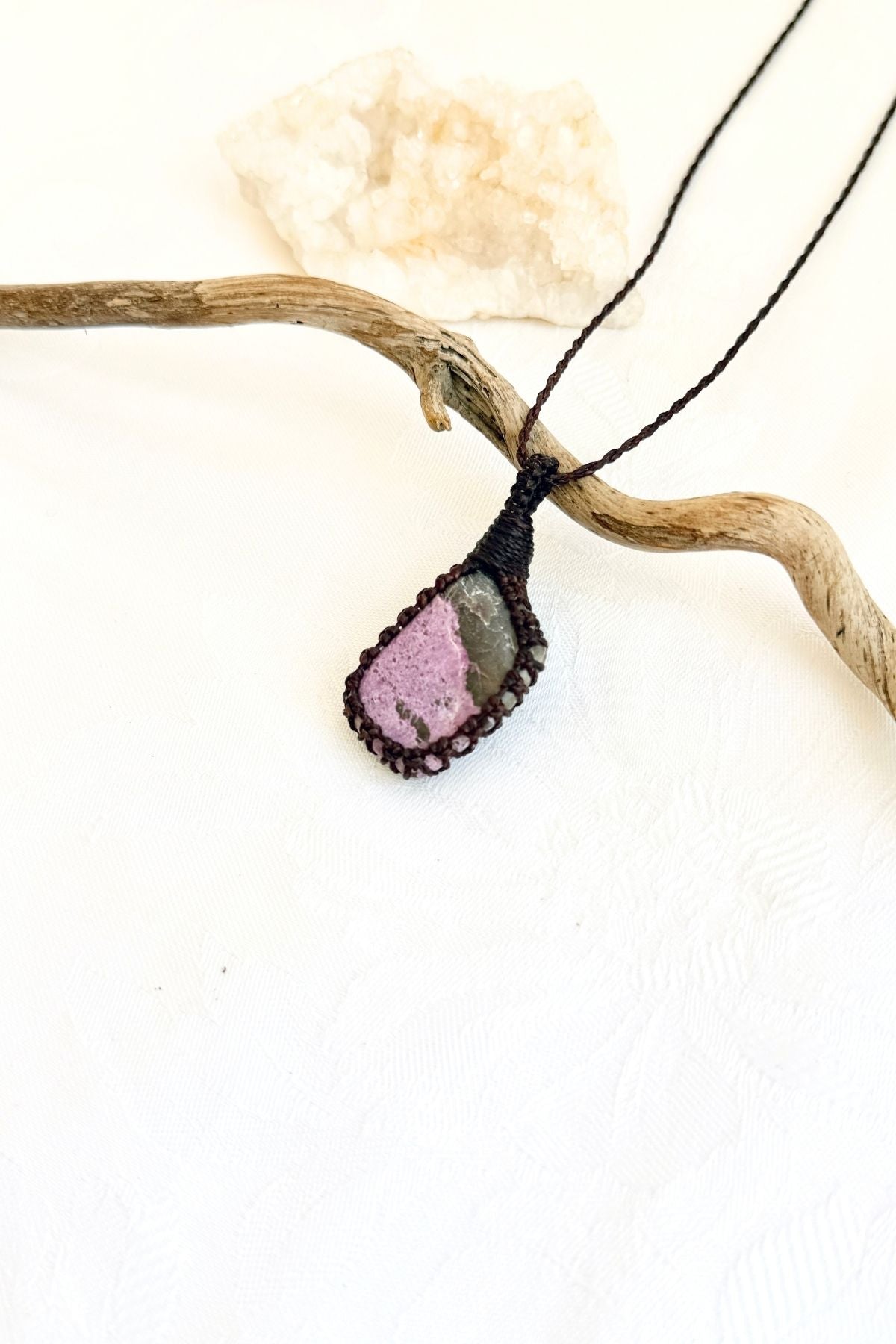 Handmade Stichtite macramé necklace, from another side view showing the gemstone and macramé knotting
