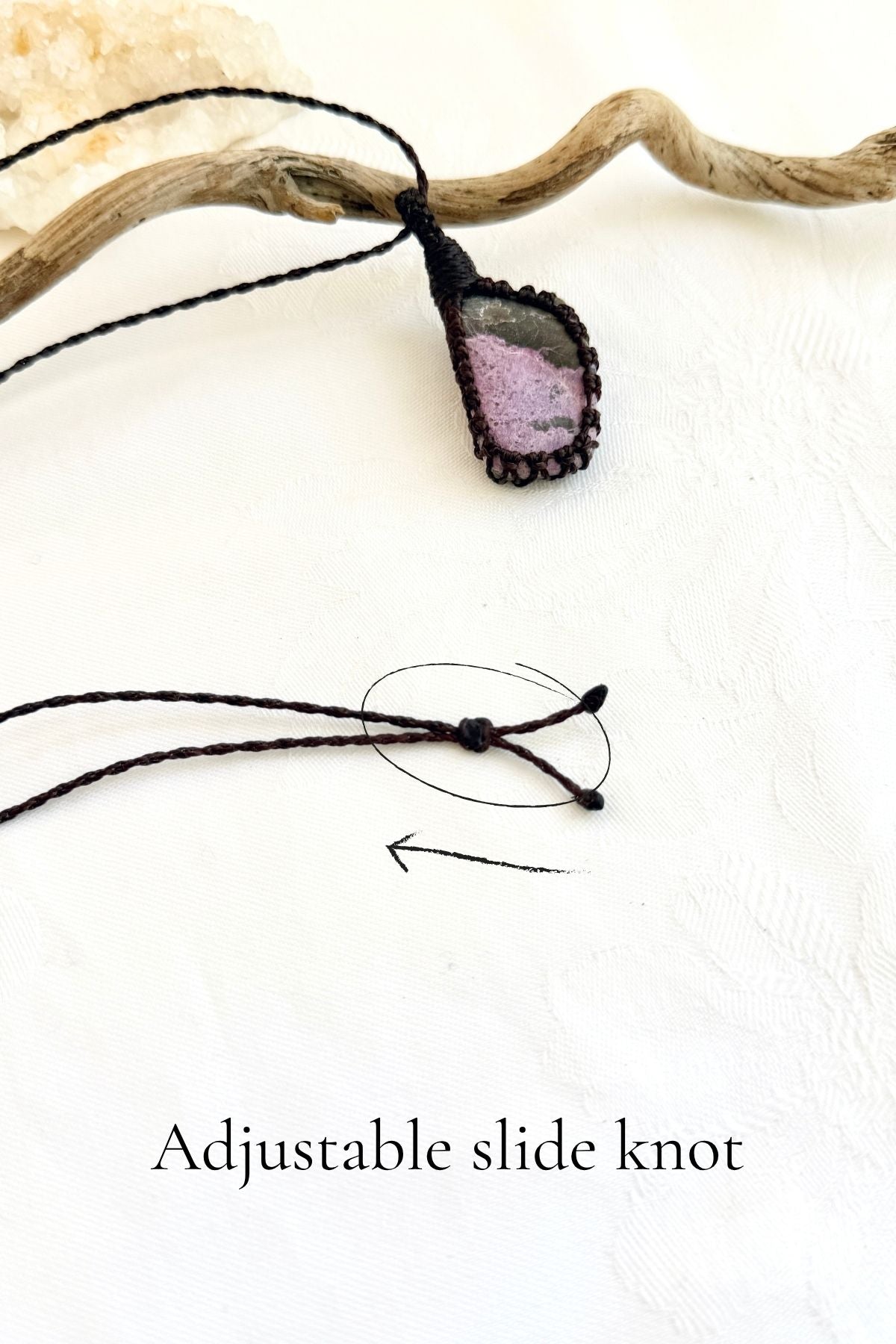 Handmade Stichtite macramé necklace with adjustable slide knot, versatile necklace sizing