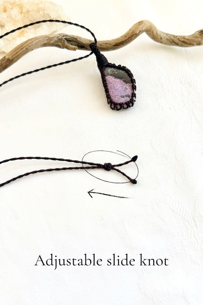 Handmade Stichtite macramé necklace with adjustable slide knot, versatile necklace sizing