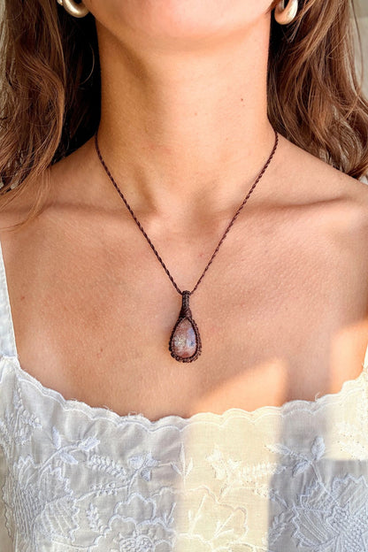 Model wearing a handmade Sunstone macramé necklace, delicate everyday jewelry