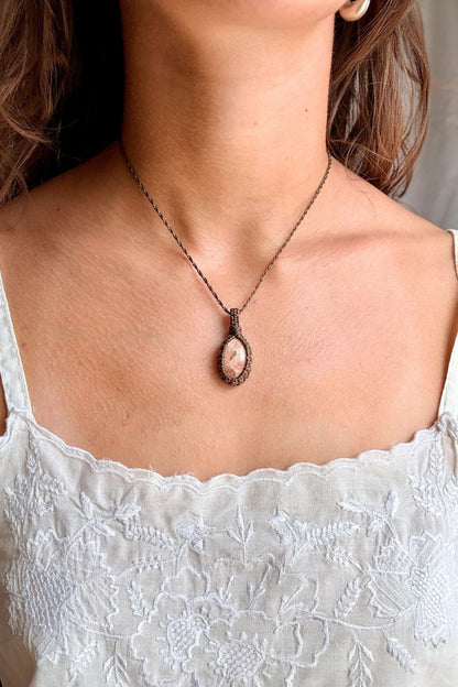 Model wearing a handmade Sunstone macramé necklace, delicate everyday jewelry