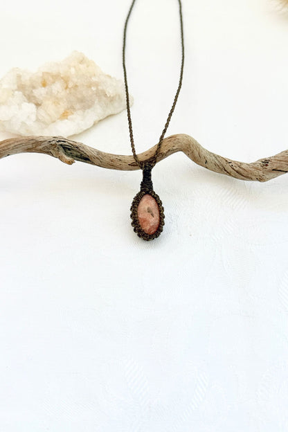 Handmade Sunstone macramé necklace, front view of natural gemstone pendant