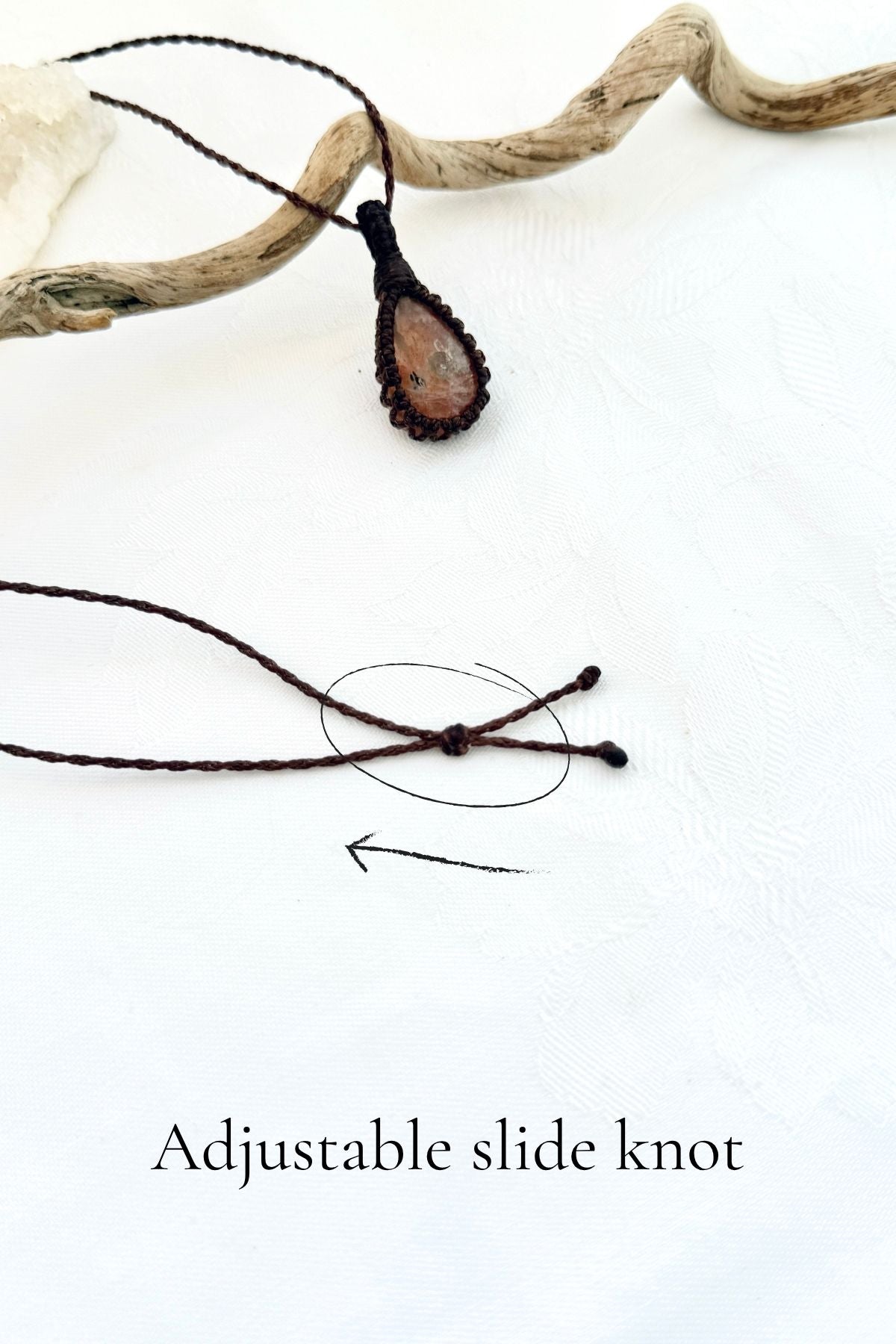 Handmade Sunstone macramé necklace with adjustable slide knot, versatile necklace sizing