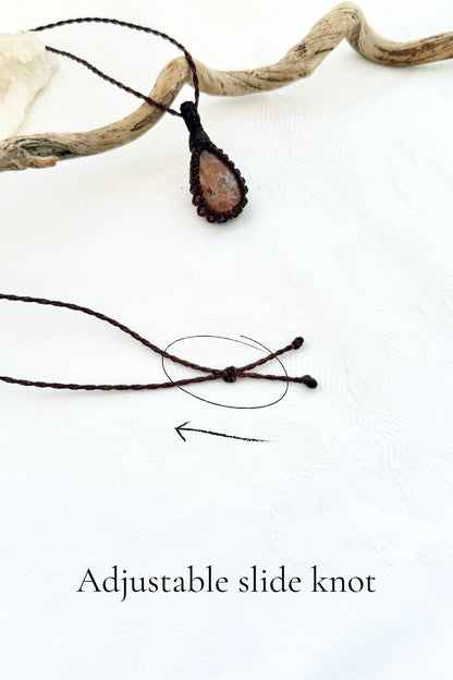 Handmade Sunstone macramé necklace with adjustable slide knot, versatile necklace sizing