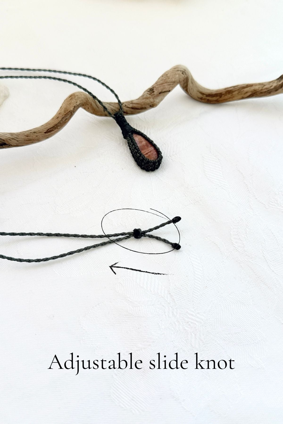 Handmade Sunstone macramé necklace with adjustable slide knot, versatile necklace sizing