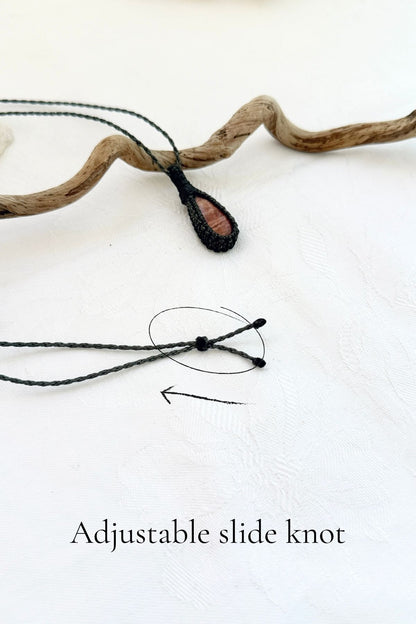 Handmade Sunstone macramé necklace with adjustable slide knot, versatile necklace sizing