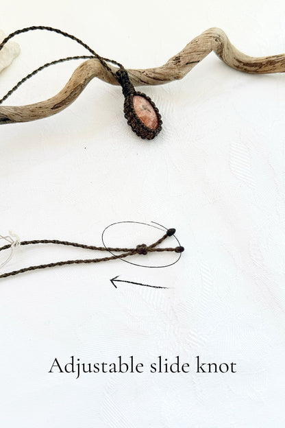 Handmade Sunstone macramé necklace with adjustable slide knot, versatile necklace sizing