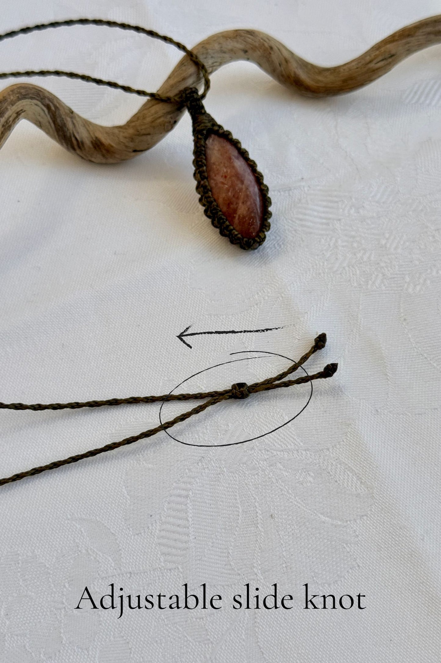 Close-up of the adjustable sliding knot on the Sunstone Macrame necklace, allowing for an easy and customizable fit for any wearer.
