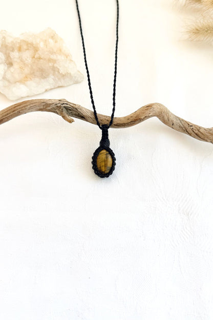 Handmade Tiger’s Eye macramé necklace, front view of natural gemstone pendant