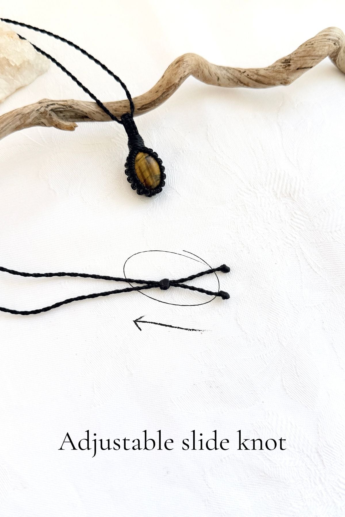 Handmade Tiger’s Eye macramé necklace with adjustable slide knot, versatile necklace sizing