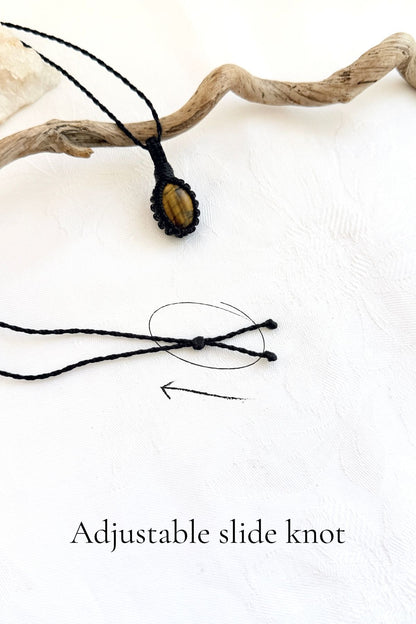 Handmade Tiger’s Eye macramé necklace with adjustable slide knot, versatile necklace sizing