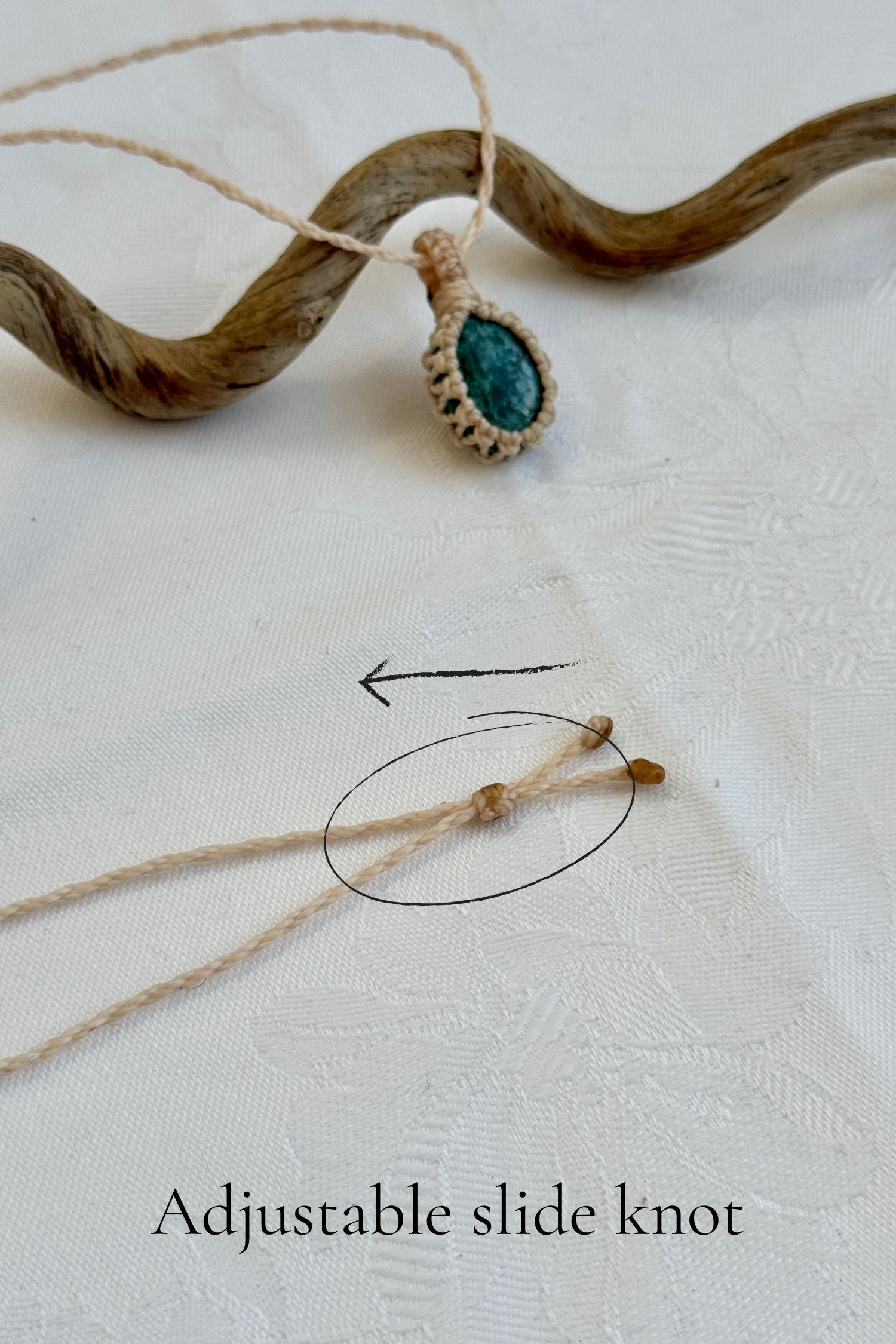 Close-up of the adjustable sliding knot on the Turquoise Macrame necklace, allowing for an easy and customizable fit for any wearer.