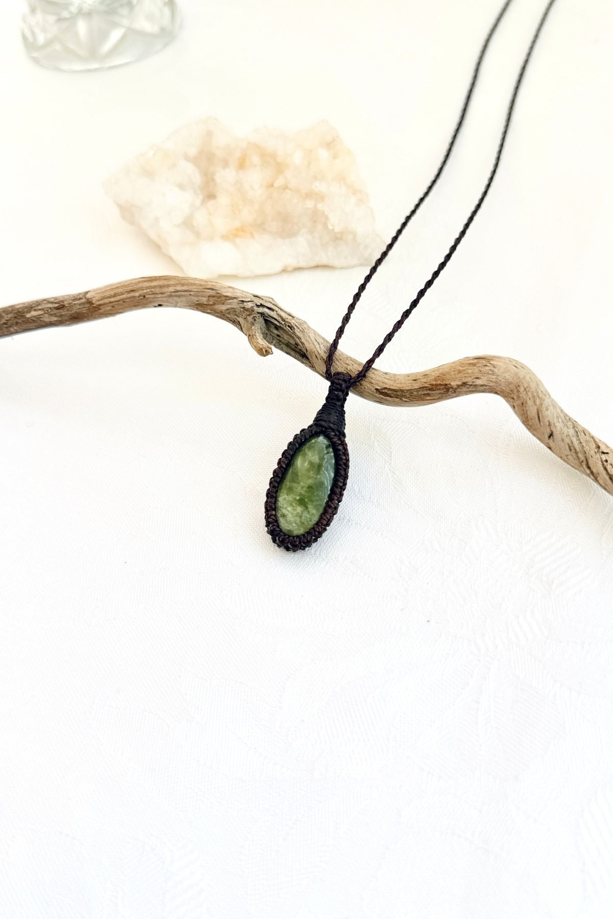 Handmade Vesuvianite macramé necklace, from another side view showing the gemstone and macramé knotting