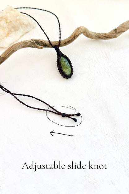 Handmade Vesuvianite macramé necklace with adjustable slide knot, versatile necklace sizing