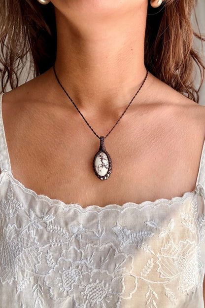 Model wearing a handmade Wild Horse Magnesite macramé necklace, delicate everyday jewelry