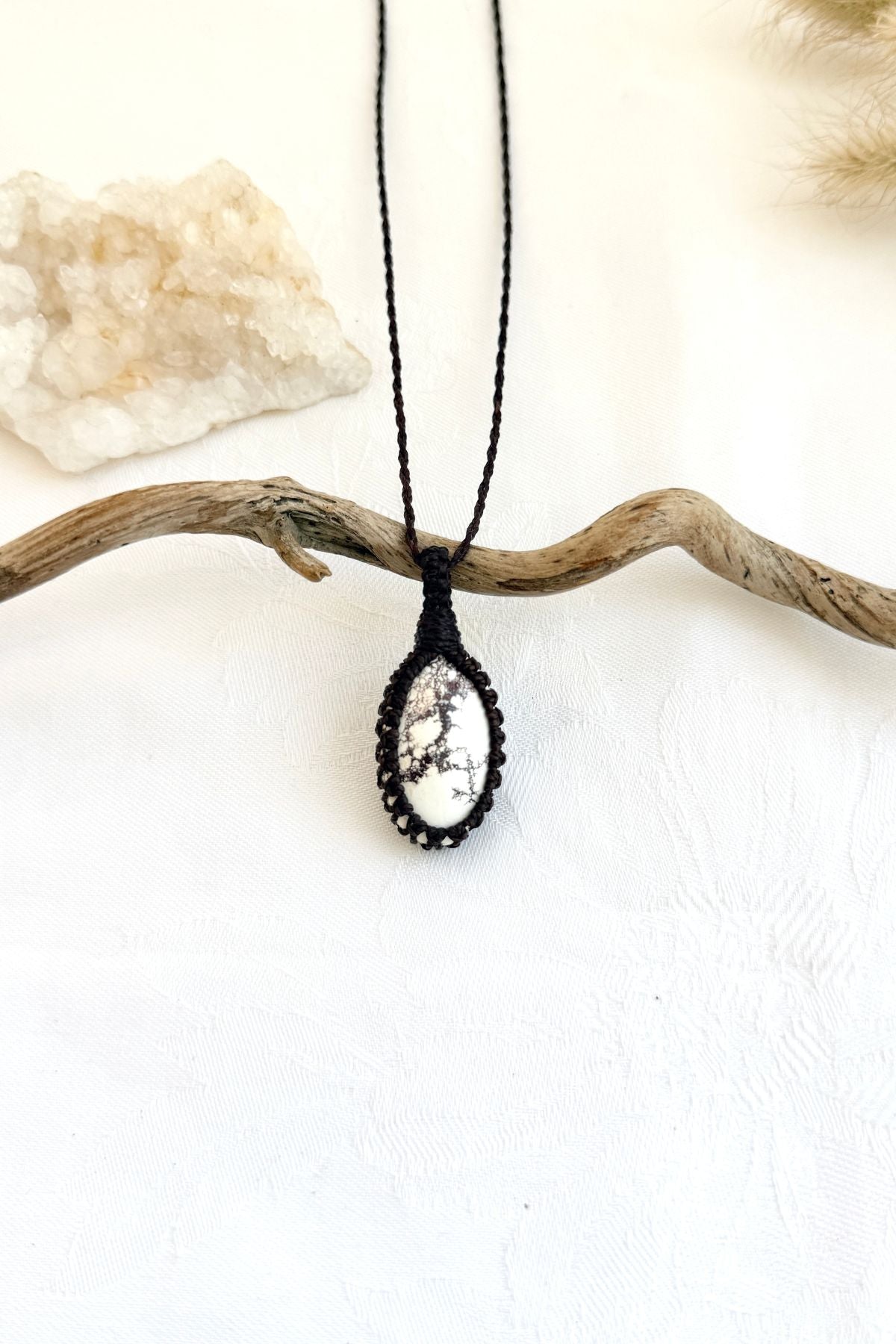 Handmade Wild Horse Magnesite macramé necklace, front view of natural gemstone pendant