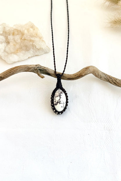 Handmade Wild Horse Magnesite macramé necklace, front view of natural gemstone pendant