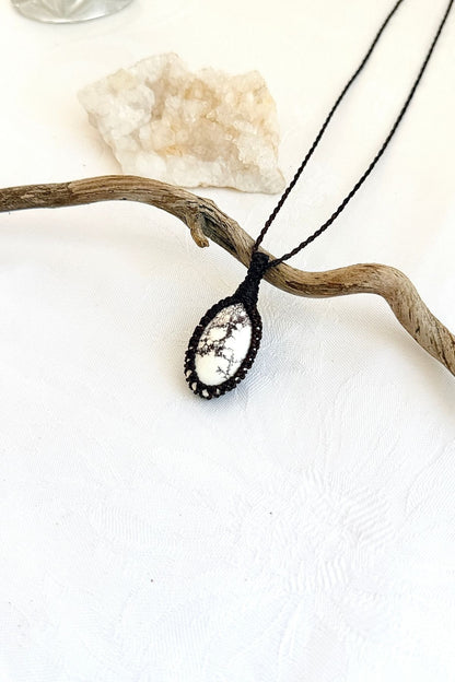 Handmade Wild Horse Magnesite macramé necklace, another side view showing the gemstone and macramé knotting