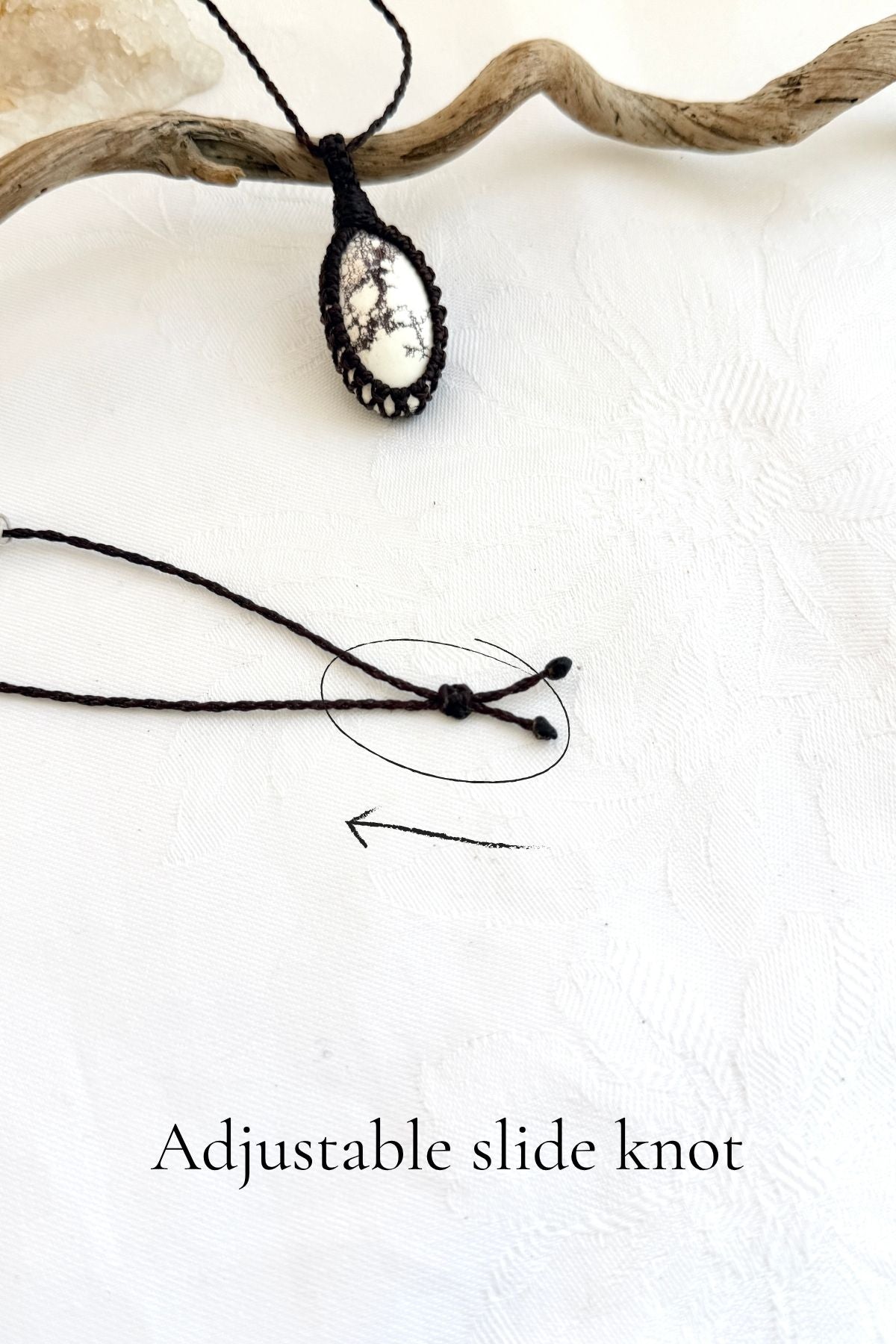 Handmade Wild Horse Magnesite macramé necklace with adjustable slide knot, versatile necklace sizing