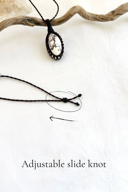 Handmade Wild Horse Magnesite macramé necklace with adjustable slide knot, versatile necklace sizing