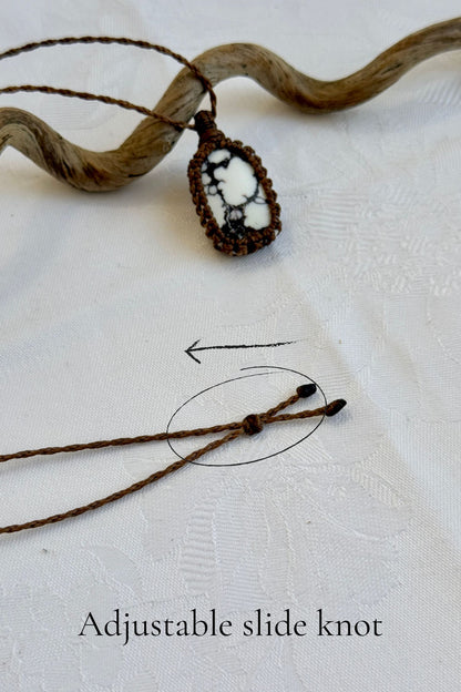 Close-up of the adjustable sliding knot on the Wild Horse Magnesite Macrame necklace, allowing for an easy and customizable fit for any wearer.