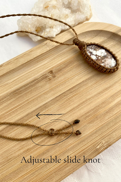 Close-up of the adjustable sliding knot on the Wild Horse Magnesite macrame necklace, offering a customizable and comfortable fit.